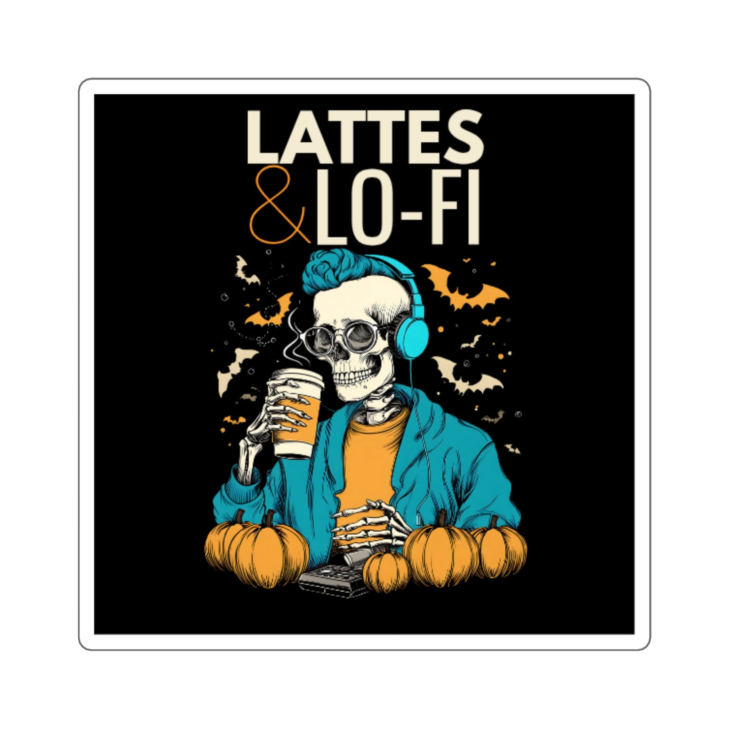 Lattes & Lo-Fi Sticker β Cozy Skeleton Vibes for Halloween