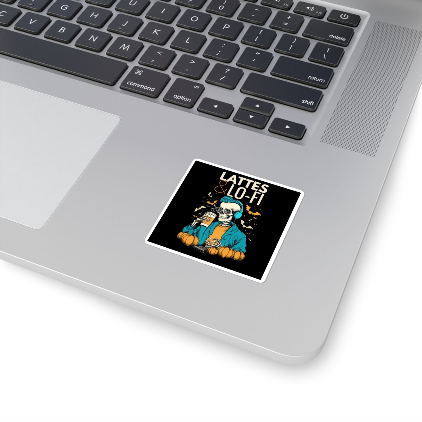 Lattes & Lo-Fi Sticker – Cozy Skeleton Vibes for Halloween
