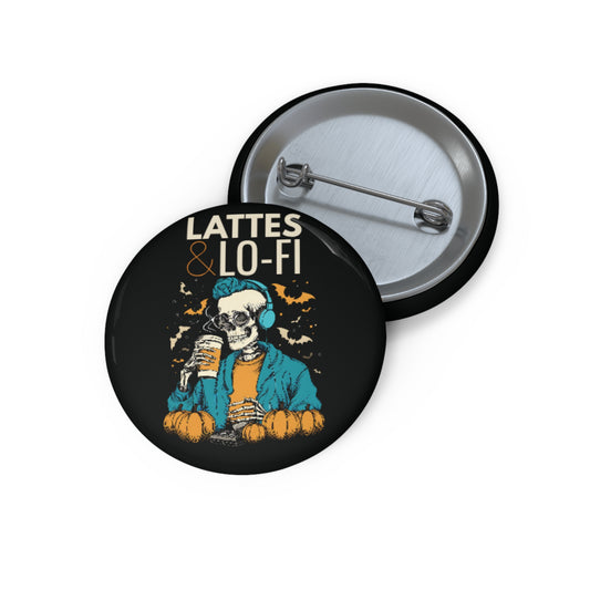 Lattes & Lo-Fi Pin Button – Coffee Lover Skeleton Accessory